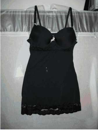 Black stretch satin chemise with pink bow